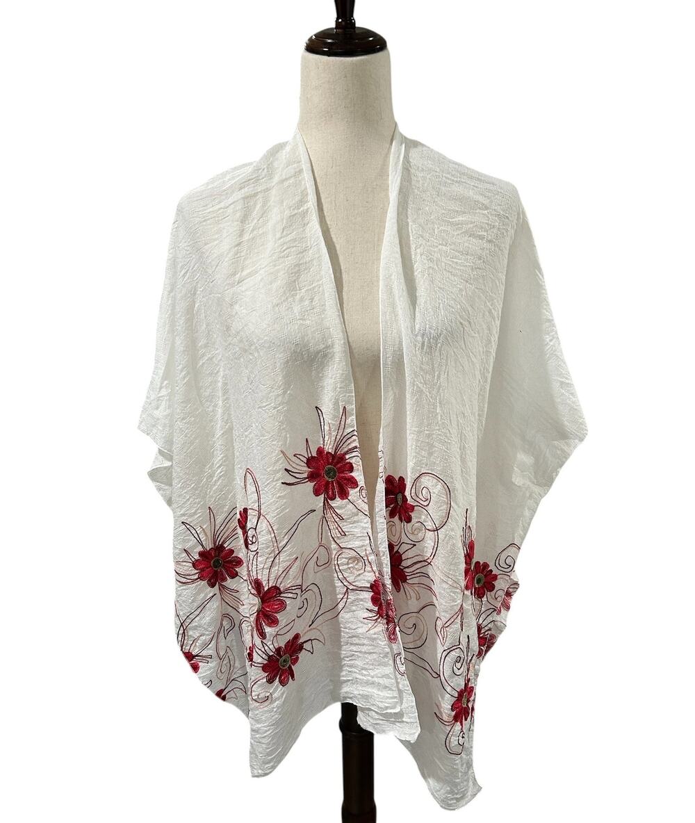 Womens Ivory White Gauze Kimono Cover Up Red Embroidered Pattern One Size EUC